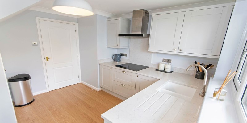 Oceanside kitchen with hob, oven, fridge freezer, dishwasher, washer dryer, toaster and kettle