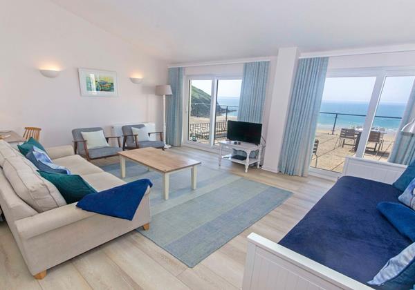 Beach themed lounge with views overlooking the beach